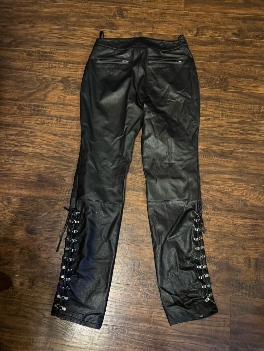 Harley-Davidson Women’s 40/12 Black Genuine Leather Lace-Up Motorcycle Pants Y2K